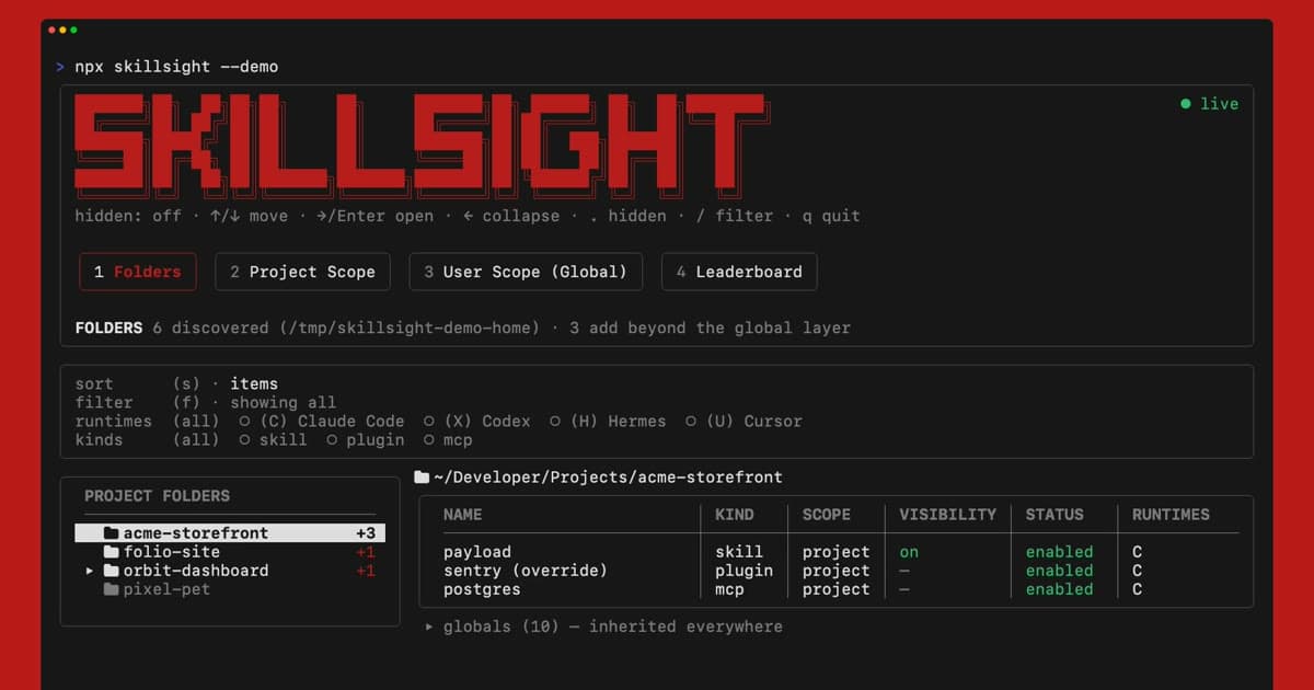 The Skillsight terminal dashboard with its pixel wordmark and folders view